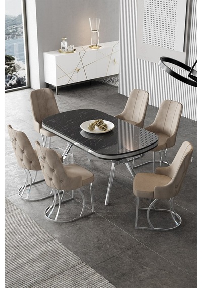 Canisa Epal Serisi 90x168 Lak Panel Siyah Mermer Desen Krom Ayaklı Masa Takımı Ve 6 Cappucino Sandalye Masa Siyah Mermer Desen Sandalye Cappucino Canisa Epal Serisi 90x168 Lak Panel Siyah Mermer Desen Krom Ayaklı Masa Takımı Ve 6 Cappucino Sandalye Masa Siyah Mermer Desen Sandalye Cappucino