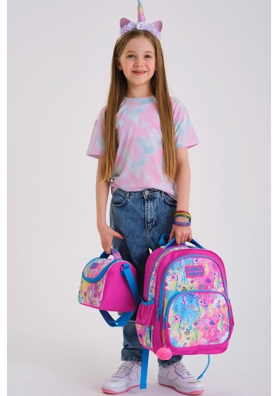 Coral High Kids Pembe Rengarenk Denizatı Desenli 3'lü Okul Çanta Seti Set0114412