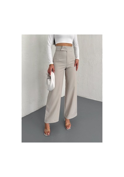Gugus Kadın Cepsiz Dokuma Kumaş Pantolon Beli Cırtlı Bol Paça Wide Leg Model Ekru