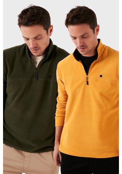 Buratti Slim Fit Anti-Pilling Tüylenme Yapmayan Bato Yaka Şardonlu 2'Li Paket Erkek Polar 5906001S2 Hardal-Haki