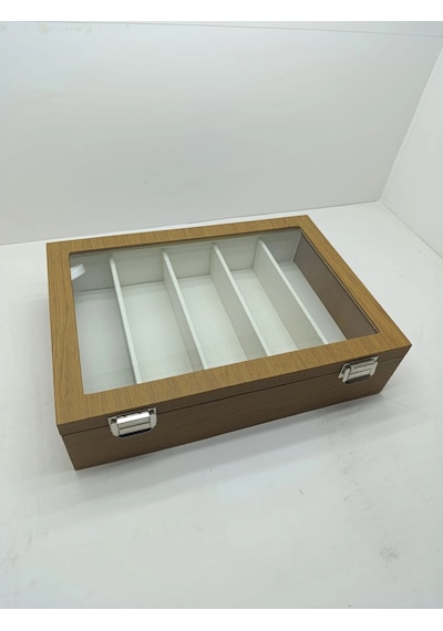 Cam Kapaklı Deri Kumaş Kahve-beyaz Renk 34 Cm / 24 Cm 5 Bölmeli Gözlük Sergileme Standı