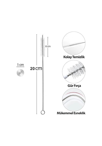 Mucit Home 5 Adet Pipet Temizleme Fırçası - Cam Pipet Fırçası - Bambu Pipet Fırçası - Metal Pipet Fırçası Gümüş
