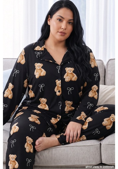 Siyah İnci Siyah Ayıcık Desenli Termal Kumaşlı Ultra Soft Yumuşak Büyük Beden Battal Boy Düğmeli Örme Pijama Takımı Siyah İnci Siyah Ayıcık Desenli Termal Kumaşlı Ultra Soft Yumuşak Büyük Beden Battal Boy Düğmeli Örme Pijama Takımı