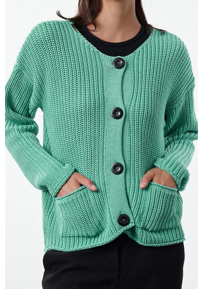 Ersefa Kadın Modern Tarz Oversize Kayık Yaka Regular Triko Hırka Yeşil