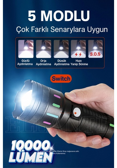 Çok Güçlü Led El Feneri Yüksek Güç Şarj Edilebilir Taktik El Feneri Kamp Lambası 10000 Lümen Çok Renkli