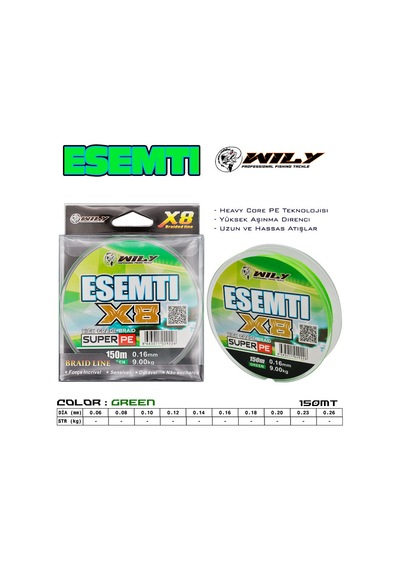 Wily Esenti 8 Kat İp Misina 150 Mt Yeşil 0,26