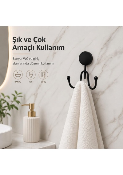 Alper Banyo Lotus Siyah İkili Havlu Askılığı, Yapışkanlı Ve Vidalı Montajlı Duvar Askısı, Mat Siyah Statik B Çok Renkli