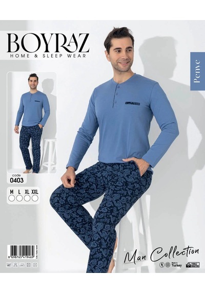 Boyraz 0403 Erkek Uzun Kol Pijama Takımı Mavi
