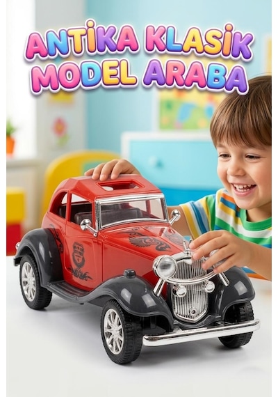 20cm Sürtme Mekanizmalı Antika Klasik Model Detaylı Tasarımlı Oyuncak Araba Kırmızı