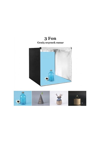 Pro 80x80 Cm Profesyonel Stüdyo Led Işıklı Ürün Fotoğraf Çekim Çadırı 3 Fonlu Büyük Boy Stüdyo Seti Çok Renkli