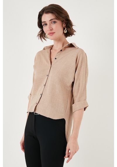 Lela Oversize Fit Önü Kısa Arkası Uzun Truvakar Kol Bayan Gömlek 5866116 Bej