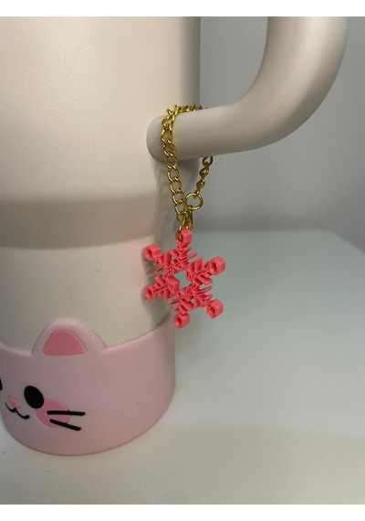 Kar Tanesi Model Quencher Termos Bardak Aksesuarı Zincirli Dekoratif Süs Pembe