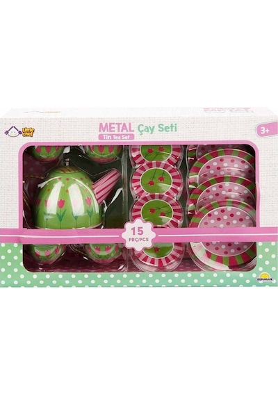 02169 Metal Oyuncak Çay Takımı 15 Parça - Yeşil-çiçek Desenli