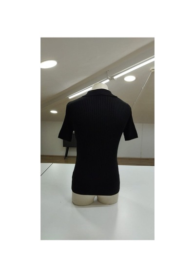 Butik İstanbul Erkek Kısa Kollu Yakalı Çizgi Desenli Triko Bluz Siyah