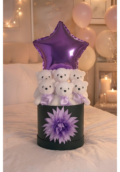 Lüks Mor Yıldız Balonlu 6'lı Peluş Ayıcık Hediye Kutusu Sevgiliye, Kıza Romantik Hediye