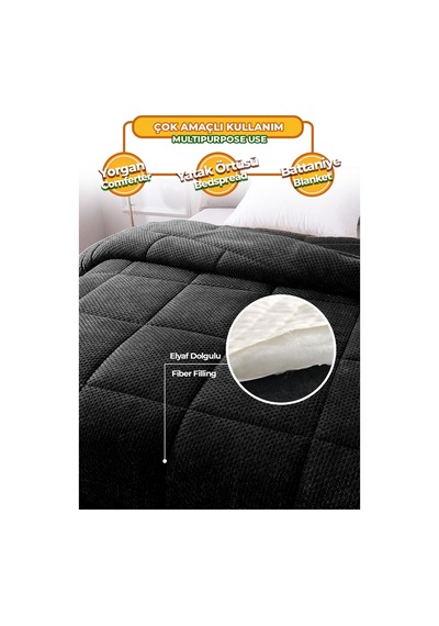 Ultra Yumuşak Tek Kişilik Çift Taraflı Wellsoft Peluş Yorgan Yıkanabilir 160x220 Siyah Siyah