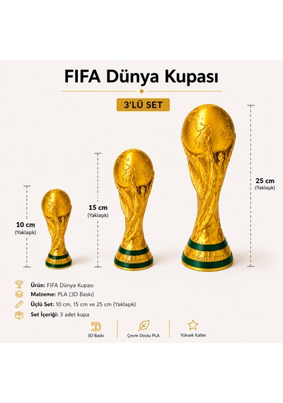 3'lü Fıfa Dünya Kupası Kupa Seti 10 Cm - 15 Cm - 25 Cm 3d Baskı Dekoratif Kupa Hediyelik Altın