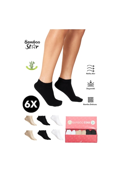 Bamboo Star Bambu Kadın Patik Düz Çorap Dikişsiz Premium Kutulu 6'lı Asorti Paket Çok Renkli