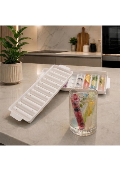 10 Gözlü Büyük Çubuk Buzluk, Plastik Uzun Buz Kalıbı, Meyveli Ve Renkli İçecek Sunumu İçin Pratik Buz Kabı, Ev Tipi Dondurucu Uyumlu, Asorti Renk 1 Adet Altın - Beyaz