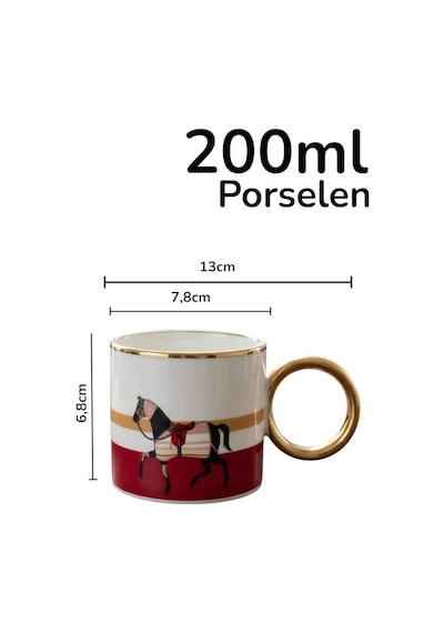 Lüks Porselen Kupa 200 Ml Süvari Kırmızı Yaldızlı