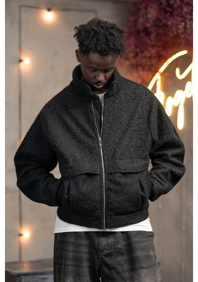 Akçaylar Oversize Crop Model Yan Cepli Astarlı Kırçıllı Mont Siyah