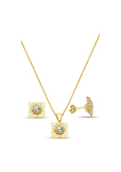 18k Altın Kaplamalı Zirkon Taşlı 925 Ayar Gümüş Set - 67018003 Altın