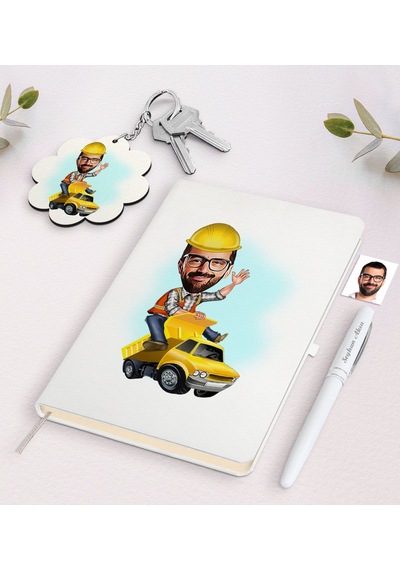 Kişiye Özel Erkek Yol Mühendisi Karikatürlü Beyaz Defter Kalem Ve