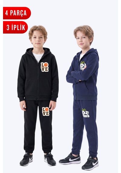Panios Kids 3 İplik Baskılı Erkek Çocuk Fermuarlı Kapüşonlu 2'li Eşofman Takımı 4 Parça Lacivert - Siyah