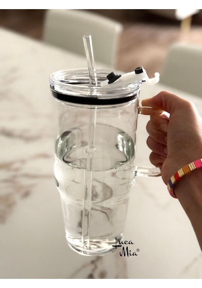 Porsima Mia Lm-0003 Laletta Mika Kapaklı Cam Pipetli Cam Termos Bardak 1200 Ml Şeffaf