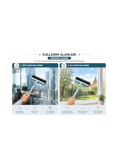 Süngerli Camsil Cam, Ayna, Fayans Ve Duşakabin Temizleme Aparatı Ergonomik Saplı Çekçekli Cam Silme Aparatı, Açık Mavi Çok Renkli