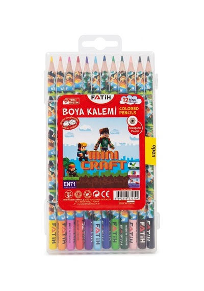 12 Li Kuru Boya Kalemi Plastik Kutu 1 Paket Fatih Mini Craft Figürlü 12 Renk Kuruboya Tam Boy Renkli Kalem Çok Renkli