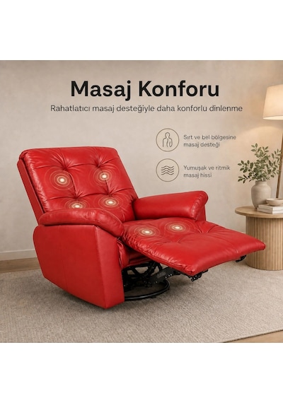 Smarto Relax Basel Elektrikli Masajlı Döner Sallanan Tv Koltuğu Kontrol Panelli Ergonomik Gerçek Deri Baba Koltuğu Kırmızı