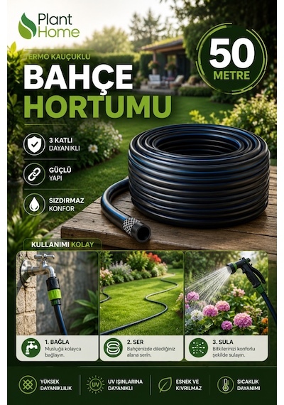 Termo Kauçuklu Bahçe Hortumu 50 Metre 3 Katlı Dayanıklı Su Sulama Ve Araç Yıkama Hortumu Diğer