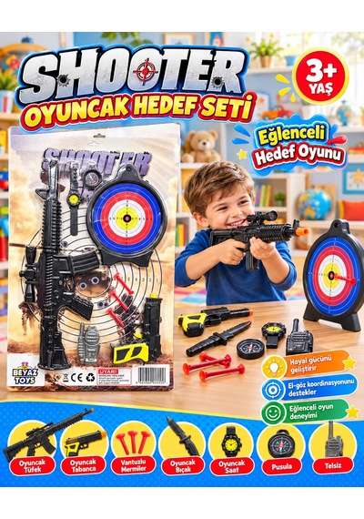 Oyuncak Komando Bordo Bere Asker Polis Seti Hedefli Dart Seti Yelekli Aksiyon Seti 10-16 Parça Siyah