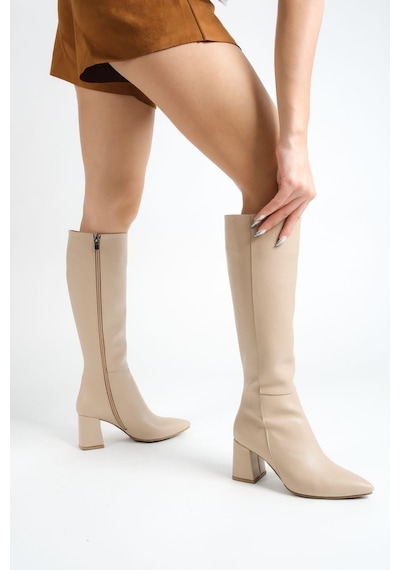 Mubiano Mbzfr5012d-n Kadın Nude Fermuarlı Sivri Burun 6 Cm Blok Topuklu Uzun Çizme Nude