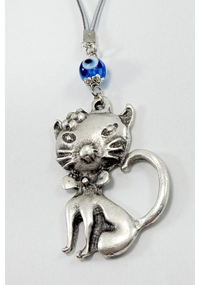 El Yapımı Lacivert Cam Nazar Boncuğu Metal Kedi Dikiz Ayna Süsü /