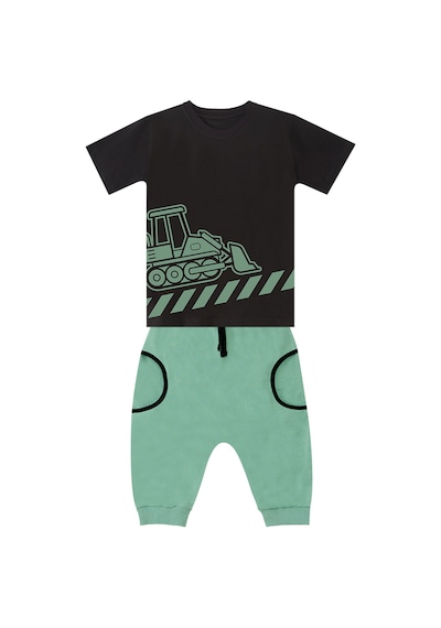 Dozer Yolda Yeşil Erkek Çocuk Yazlık T-shirt Cepli Kapri Şort Takım