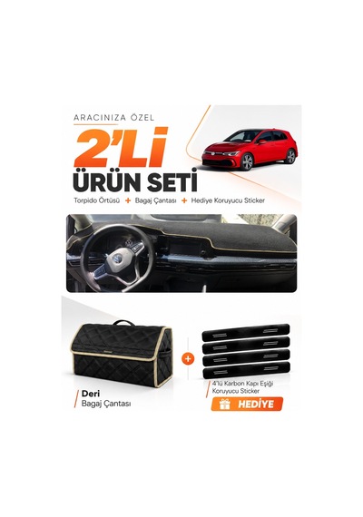 Volkswagen Golf 8 2021-2025 Uyumlu Torpido Örtüsü + Deri Bagaj Çantası + Sticker Seti - Siyah Bej