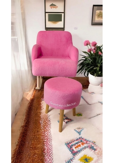 Sallanan Ahşap Ayaklı , Pembe. Rengi Berjer Koltuk - Puf Hediyeli Pembe