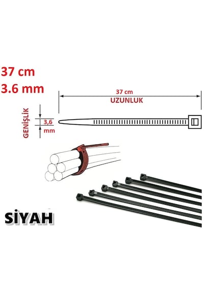 100 Adet 37cmx3,6mm Siyah Plastik Cırt Kelepçe Kablo Bağı