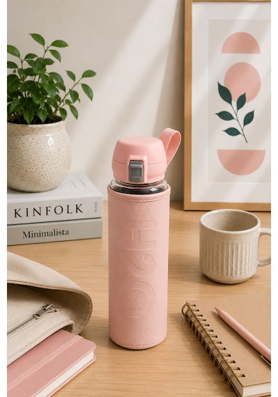 H2o Pastel Renk Kılıflı Kilit Kapaklı 500 Ml Cam Matara Sızdırmaz Ofis Ve Spor İçin Koruyucu Kılıflı Cam Suluk Pembe