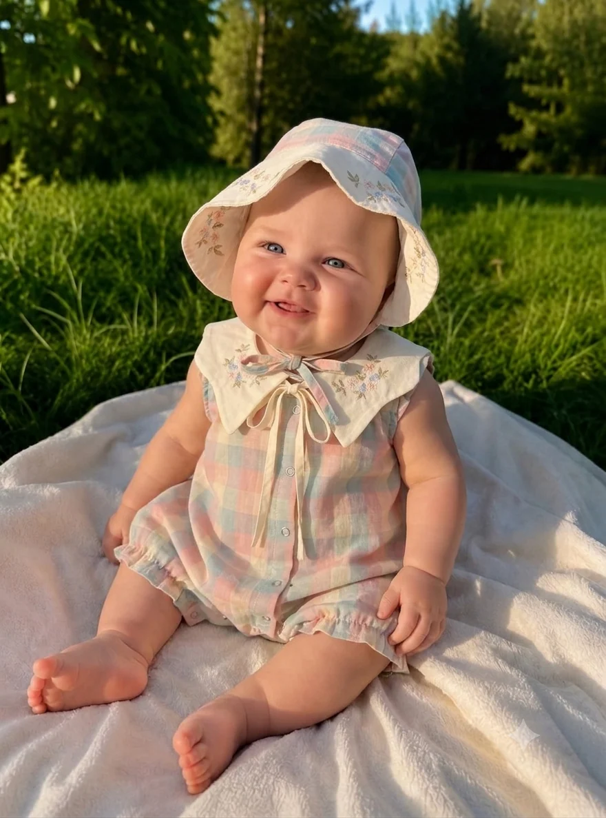 Momercy Yakası Çiçek Nakışlı Ekose Kız Bebek Tulum Açık Pembe