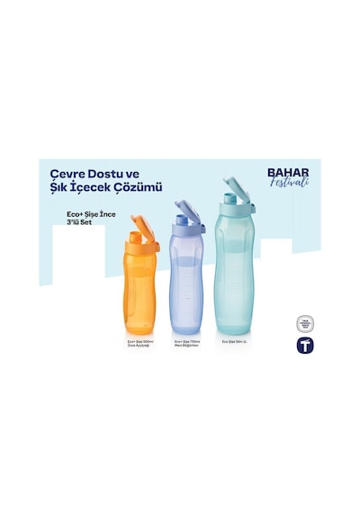 Eco Şişe Suluk İnce 3 Lü Set 500 Ml,750ml,1 Lt Turuncu Mavi Turkuaz