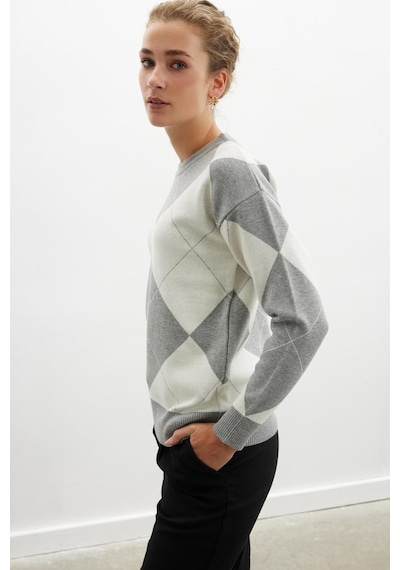 Styleboom X Peraluna Oxford Pullover Bisiklet Yaka Baklava Desen Kadın Triko Kazak - Gri Melanj-gri Melanj Gri Melanj