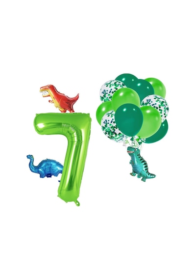 7 Yaş Dinazor Set Rakam Folyo, 3 Adet Mini Dinazor Ve 10 Lu Balon