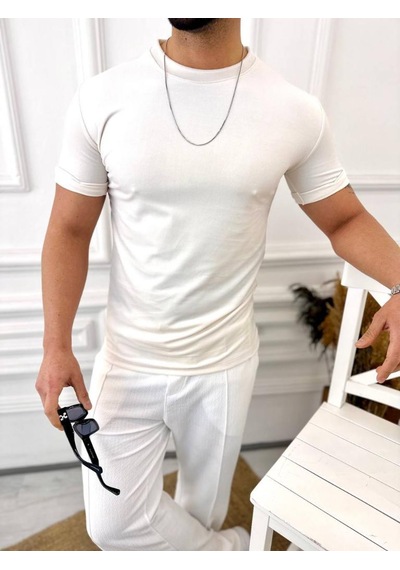 T-shirt Slim Fit Tişört Dar Kesim Kadife Tişört Beyaz