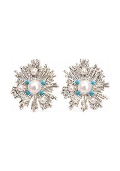 Pearl Collection Nerina İnci Ve Turkuaz Taş Detaylı Silver Güneş Formlu Çelik Kadın Küpe Gümüş Gümüş