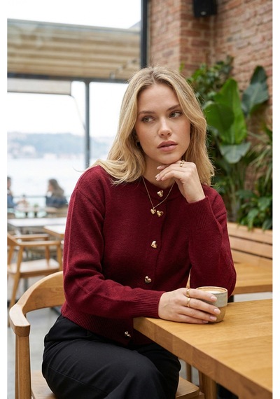 Sayzen Your Shine Trend Basic Kalp Düğmeli Kadın Hırka Bordo