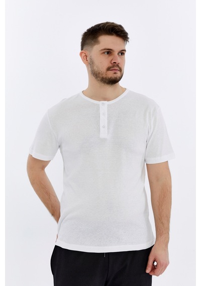 Erkek Henley Yaka %100 Pamuklu Dokulu Kumaştan Kısa Kollu Günlük Basic Tişört Beyaz