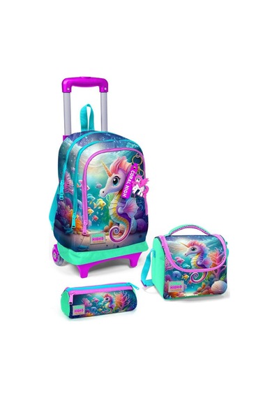 Coral High Kids Mavi Su Yeşili Denizatı Desenli 3 Lü Okul Çanta Seti Set0123972 Çok Renkli